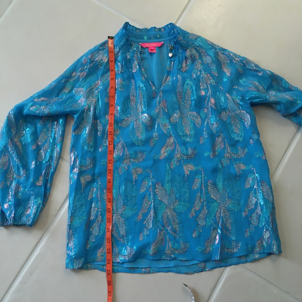 NWOT Lilly Pulitzer Galiana metallic turquoise blue silk blouse S - Picture 12 of 15
